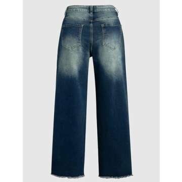 Flamingals Straight Wide Leg Jeans for Women Mid Waisted Casual Raw Hem Denim Capris Pants with Pockets Pure Navy Blue L