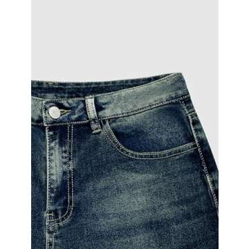 Flamingals Straight Wide Leg Jeans for Women Mid Waisted Casual Raw Hem Denim Capris Pants with Pockets Pure Navy Blue L