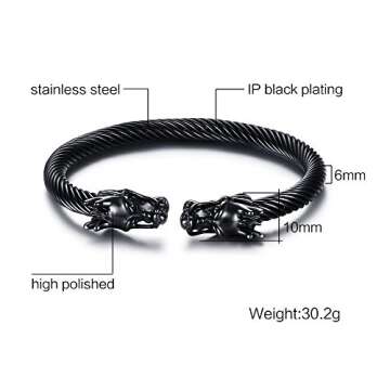 Mealguet Jewelry Mens Stainless Steel Opposite Dragon Head Twisted Wire Viking Cuff Bangle Bracelet,Black