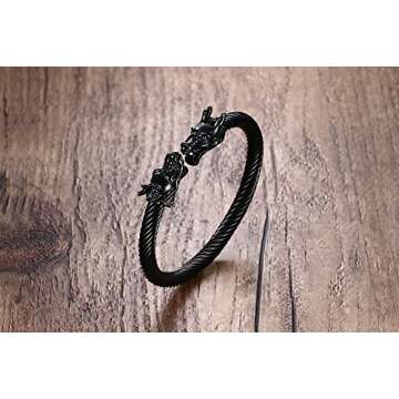 Mealguet Jewelry Mens Stainless Steel Opposite Dragon Head Twisted Wire Viking Cuff Bangle Bracelet,Black