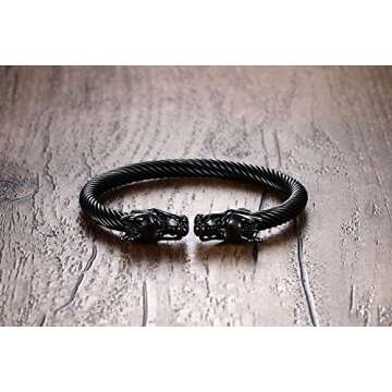 Mealguet Jewelry Mens Stainless Steel Opposite Dragon Head Twisted Wire Viking Cuff Bangle Bracelet,Black
