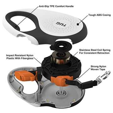 TUG 360° Tangle-Free Retractable Dog Leash with Anti-Slip Handle | 16 ft Strong Nylon Tape | One-Handed Brake, Pause, Lock (Medium, White/Orange)