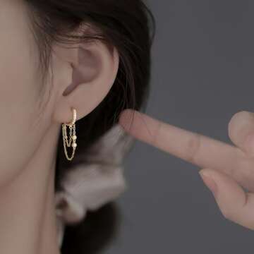 Reffeer 925 Sterling Silver Chain Drop Earrings Hoop for Women Teen Girls CZ Hoop Chain Earrings Dangle (B-Gold)