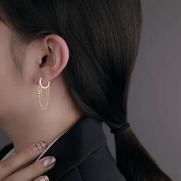 Reffeer 925 Sterling Silver Chain Drop Earrings Hoop for Women Teen Girls CZ Hoop Chain Earrings Dangle (B-Gold)