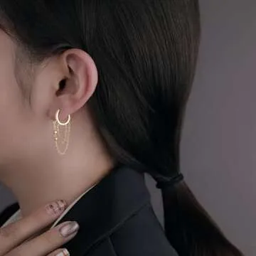 Reffeer 925 Sterling Silver Chain Drop Earrings Hoop for Women Teen Girls CZ Hoop Chain Earrings Dangle (B-Gold)