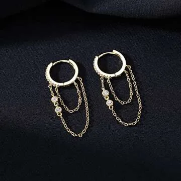 Reffeer 925 Sterling Silver Chain Drop Earrings Hoop for Women Teen Girls CZ Hoop Chain Earrings Dangle (B-Gold)