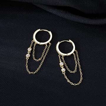 Reffeer 925 Sterling Silver Chain Drop Earrings Hoop for Women Teen Girls CZ Hoop Chain Earrings Dangle (B-Gold)