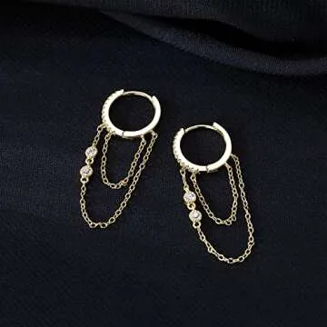 Reffeer 925 Sterling Silver Chain Drop Earrings Hoop for Women Teen Girls CZ Hoop Chain Earrings Dangle (B-Gold)