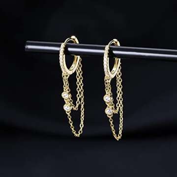 Reffeer 925 Sterling Silver Chain Drop Earrings Hoop for Women Teen Girls CZ Hoop Chain Earrings Dangle (B-Gold)
