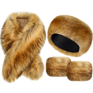 Ramede 3 Piece Faux Fur Collar Wrist Cuffs Headband with Stretch Snakeskin Print Winter Faux Fur Wom...