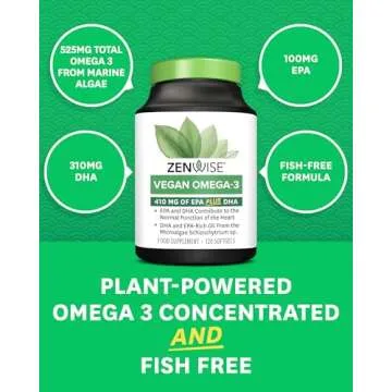 Zenwise Health Vegan Omega 3 Supplement for Women and Men from Marine Algae Oil with DHA & EPA - Plant Powered Fish Oil Alternative, Sustainably Sourced for Heart, Eye & Joint Health -120 CT