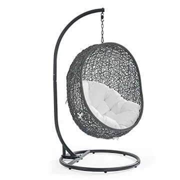 Modway Hide Wicker Rattan Outdoor Patio Porch Lounge Egg Swing Chair Set with Stand in Gray White