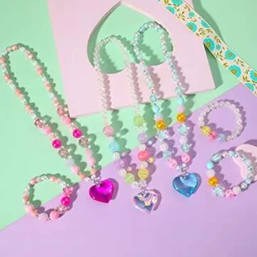 PinkSheep Beads Necklace and Bracelet for Kids, 3 Sets, Little Girls Jewelry Necklace and Bracelet w...