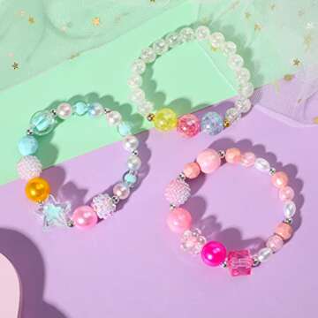 PinkSheep Beads Necklace and Bracelet for Kids, 3 Sets, Little Girls Jewelry Necklace and Bracelet with Heart Pendant, Dress Up Pretend Play Party Favor