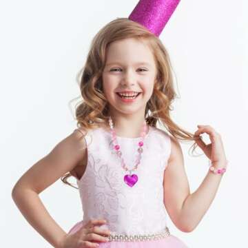 PinkSheep Beads Necklace and Bracelet for Kids, 3 Sets, Little Girls Jewelry Necklace and Bracelet with Heart Pendant, Dress Up Pretend Play Party Favor