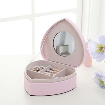 DECOR4SEASON Travel Portable Heart Shape Small Jewelry Case with Compact Mirror for Necklace Earring Rings Bracelets Organizer Storage Box for Women Girls Gift, Pink