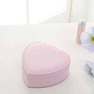 DECOR4SEASON Travel Portable Heart Shape Small Jewelry Case with Compact Mirror for Necklace Earring Rings Bracelets Organizer Storage Box for Women Girls Gift, Pink