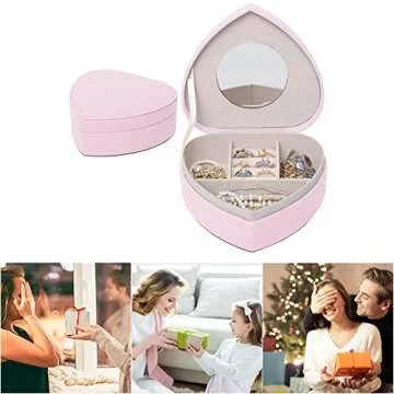 DECOR4SEASON Travel Portable Heart Shape Small Jewelry Case with Compact Mirror for Necklace Earring Rings Bracelets Organizer Storage Box for Women Girls Gift, Pink