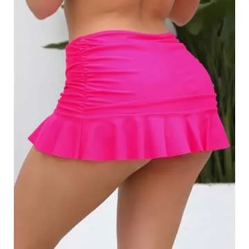 Halcurt Women's Low Waisted Ruched Ruffle Swim Skirts with Hipster Bikini Bottoms Tummy Control Swimsuit Hot Pink S