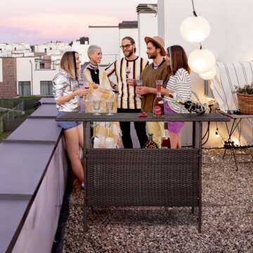 VINGLI Wicker Outdoor Bar Table with 2 Steel Shelves, Sets of Rails, Rattan Patio Storage for Backya...