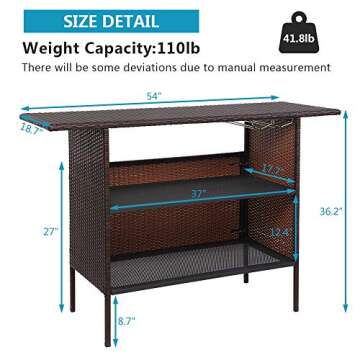 VINGLI Wicker Outdoor Bar Table with 2 Steel Shelves, Sets of Rails, Rattan Patio Storage for Backyard, Poolside, Garden
