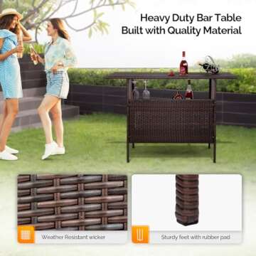 VINGLI Wicker Outdoor Bar Table with 2 Steel Shelves, Sets of Rails, Rattan Patio Storage for Backyard, Poolside, Garden