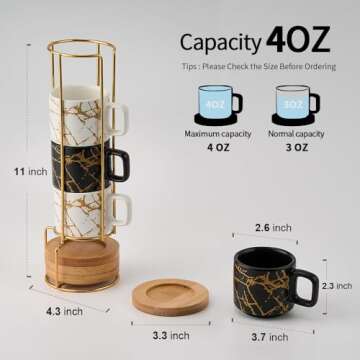 LUKA Porcelain Espresso Cup with Saucer and Metal Stand, 4 Ounce Stackable Ceramic Demitasse Espress...