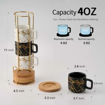 LUKA Porcelain Espresso Cup with Saucer and Metal Stand, 4 Ounce Stackable Ceramic Demitasse Espress...