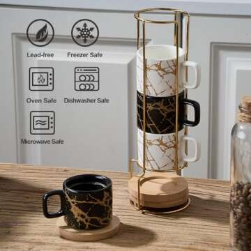 LUKA Porcelain Espresso Cup with Saucer and Metal Stand, 4 Ounce Stackable Ceramic Demitasse Espresso Mugs Cups Set for Latte, Specialty Coffee Drinks, Cafe Mocha - Set of 4, White & Black