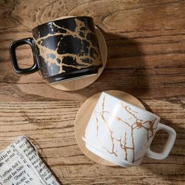 LUKA Porcelain Espresso Cup with Saucer and Metal Stand, 4 Ounce Stackable Ceramic Demitasse Espresso Mugs Cups Set for Latte, Specialty Coffee Drinks, Cafe Mocha - Set of 4, White & Black