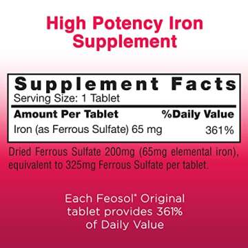 Feosol Original Iron Supplement Tablets, Non-heme, 325mg Ferrous Sulfate (65mg Elemental Iron) per I...