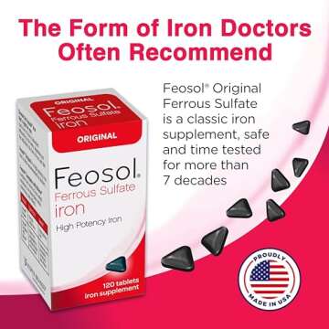 Feosol Original Iron Supplement Tablets, Non-heme, 325mg Ferrous Sulfate (65mg Elemental Iron) per Iron Pill, 1 Per Day, 120ct, 4 Month Supply, for Energy and Immune System Support, Made in USA