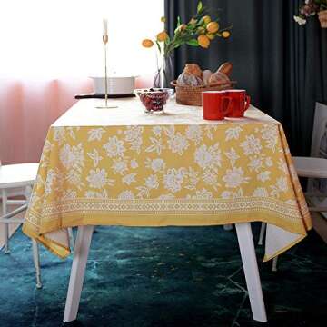 ARTABLE Rectangle Summer Tablecloth Printed Flower Grass and Vintage Floral Patterns Table Cloth for Easter Tablecloth Picnic Outdoor Home Holiday Long Dining Kitchen (Yellow, 52 x 70 Inch)