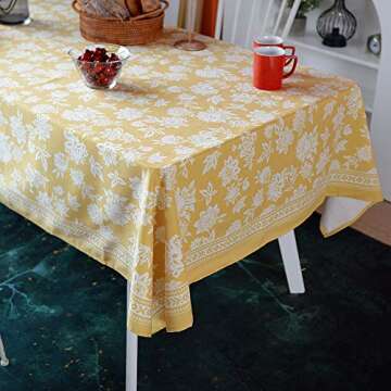ARTABLE Rectangle Summer Tablecloth Printed Flower Grass and Vintage Floral Patterns Table Cloth for Easter Tablecloth Picnic Outdoor Home Holiday Long Dining Kitchen (Yellow, 52 x 70 Inch)