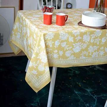 ARTABLE Rectangle Summer Tablecloth Printed Flower Grass and Vintage Floral Patterns Table Cloth for Easter Tablecloth Picnic Outdoor Home Holiday Long Dining Kitchen (Yellow, 52 x 70 Inch)