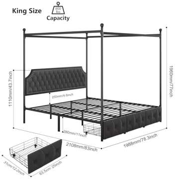 Keyluv King Upholstered Canopy Bed Frame with 3 Drawers and Button Tufted Headboard Metal Platform B...
