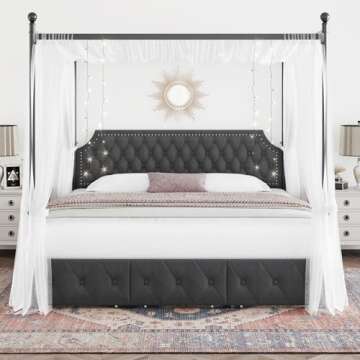 Keyluv King Upholstered Canopy Bed Frame with 3 Drawers and Button Tufted Headboard Metal Platform Bed with 4 Removable Posts Two-Purpose Velvet Bed No Box Spring Needed Dark Grey/Curtain Not Included