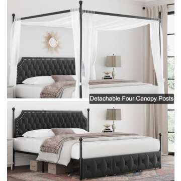 Keyluv King Upholstered Canopy Bed Frame with 3 Drawers and Button Tufted Headboard Metal Platform Bed with 4 Removable Posts Two-Purpose Velvet Bed No Box Spring Needed Dark Grey/Curtain Not Included