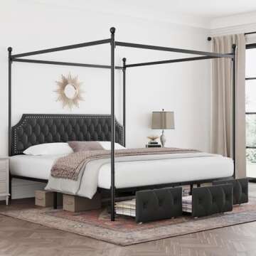 Keyluv King Upholstered Canopy Bed Frame with 3 Drawers and Button Tufted Headboard Metal Platform Bed with 4 Removable Posts Two-Purpose Velvet Bed No Box Spring Needed Dark Grey/Curtain Not Included