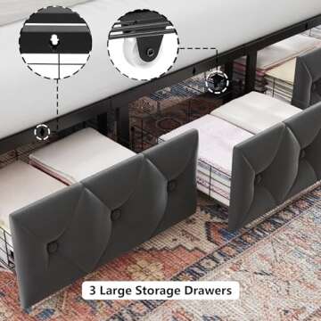 Keyluv King Upholstered Canopy Bed Frame with 3 Drawers and Button Tufted Headboard Metal Platform Bed with 4 Removable Posts Two-Purpose Velvet Bed No Box Spring Needed Dark Grey/Curtain Not Included