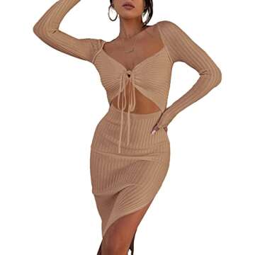 Rooscier Women's Deep V Neck Tie Front Cutout Split Long Sleeve Sexy Bodycon Midi Dress