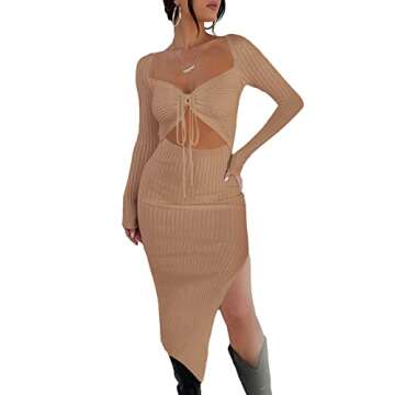 Rooscier Women's Deep V Neck Tie Front Cutout Split Long Sleeve Sexy Bodycon Midi Dress