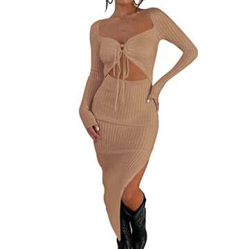 Rooscier Women's Deep V Neck Tie Front Cutout Split Long Sleeve Sexy Bodycon Midi Dress