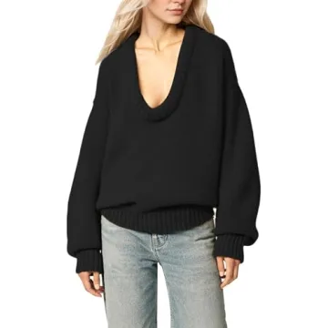ICOBID Women's Oversized U Neck Pullover Sweater Long Sleeve Knitted Sweater Chunky Trendy Fall Wint...