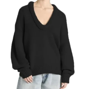ICOBID Women's Oversized U Neck Pullover Sweater Long Sleeve Knitted Sweater Chunky Trendy Fall Winter Sweater Tops Black