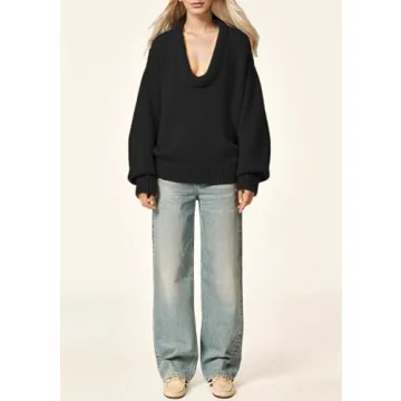 ICOBID Women's Oversized U Neck Pullover Sweater Long Sleeve Knitted Sweater Chunky Trendy Fall Winter Sweater Tops Black