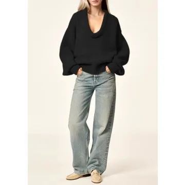 ICOBID Women's Oversized U Neck Pullover Sweater Long Sleeve Knitted Sweater Chunky Trendy Fall Winter Sweater Tops Black