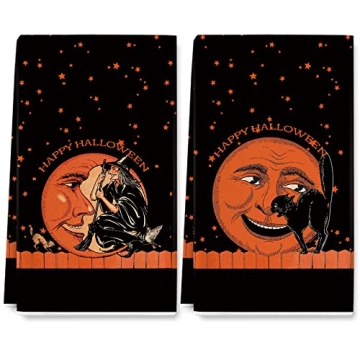 Halloween Dish Towels - Vintage Witch & Cat Design
