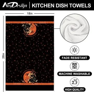 Halloween Dish Towels - Vintage Witch & Cat Design