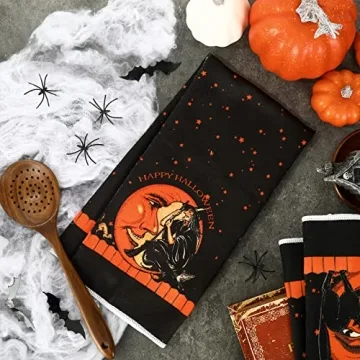 Halloween Dish Towels - Vintage Witch & Cat Design